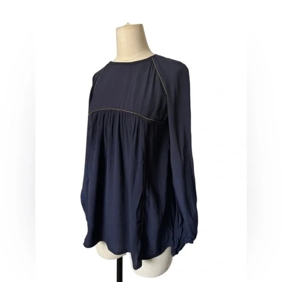 Zara Woman Blouse Navy Blue Gold Trim Peasant Sleeve 100% Viscose Women's Small - Picture 5 of 5